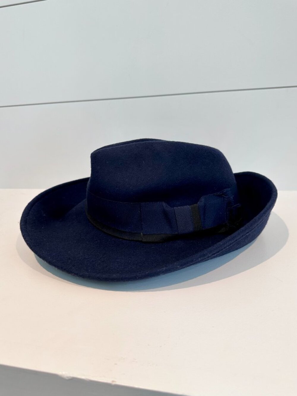 BCBG 100% Wool Felt Fedora with Grosgrain Ribbon - Navy Blue OS